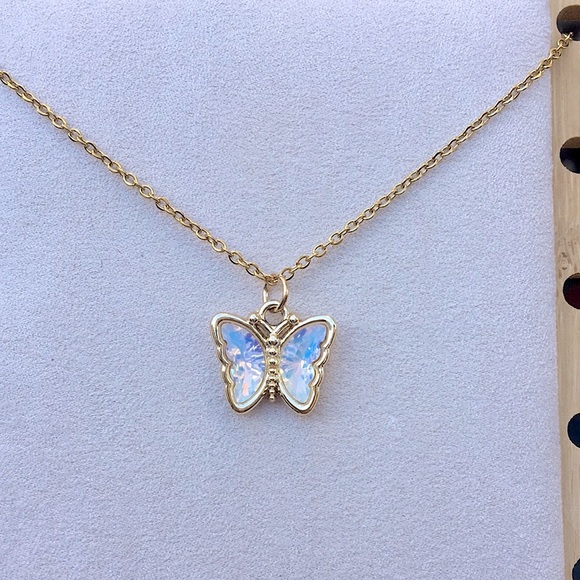 White Opal Aurora Borealis Crystal Butterfly Pendant Necklace - Picture 8 of 10